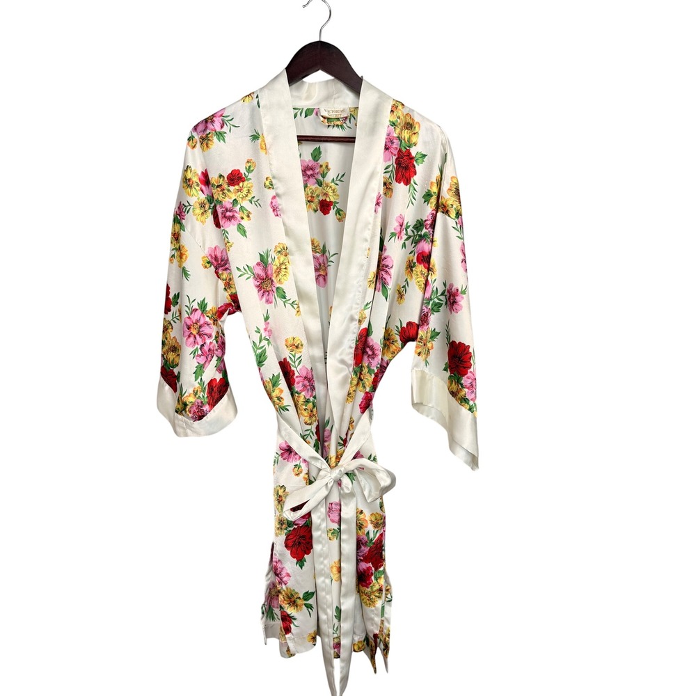 Victoria's Secret Gold Label Vintage Floral Satin Kimono Robe Ivory Coquette 90s